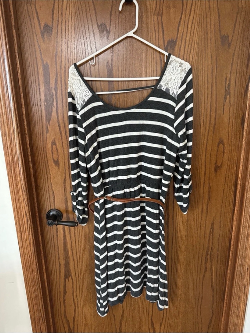 Vanity Black & White Striped Scoop-Neck Dress with Lace Shoulders